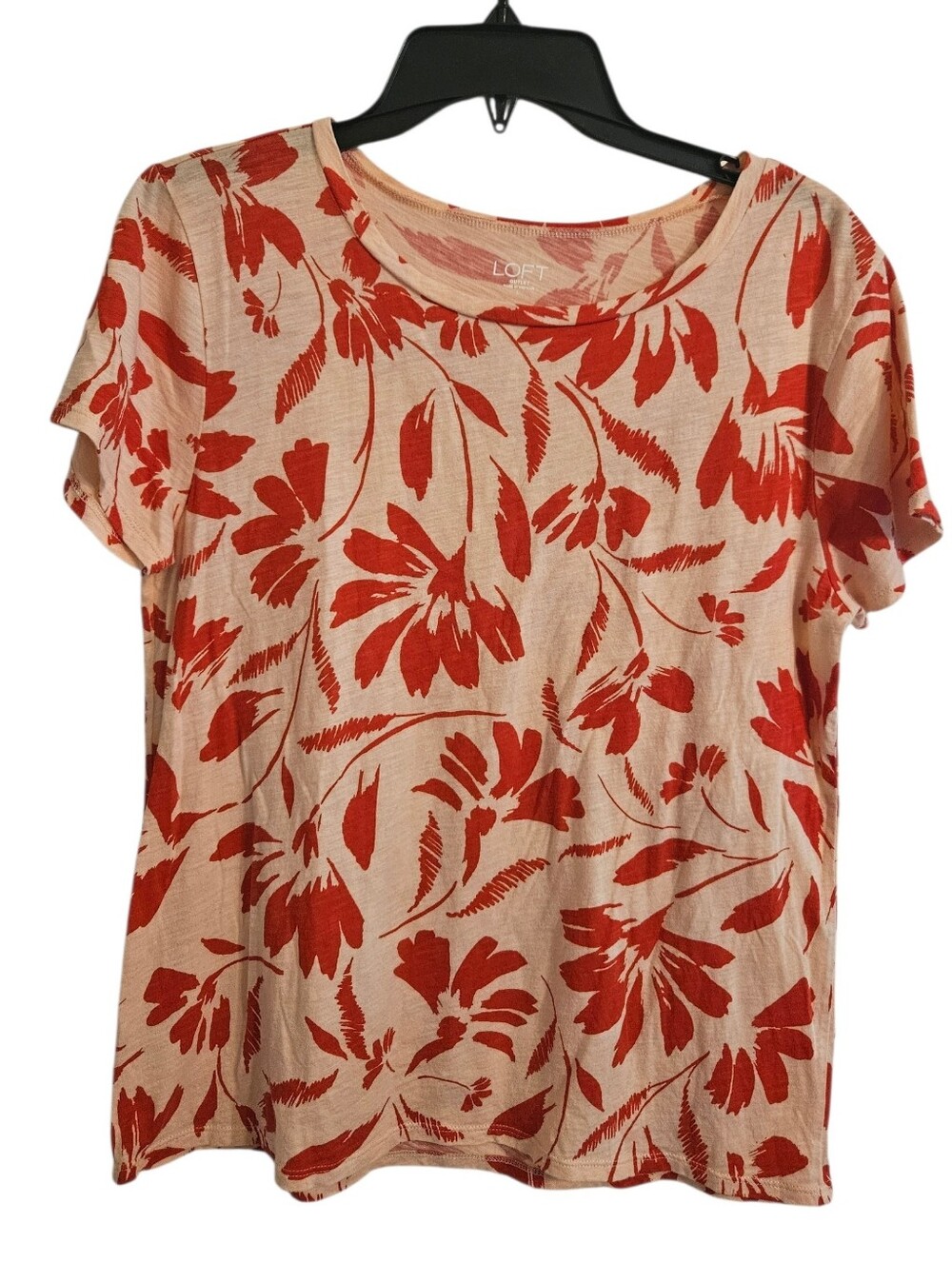 LOFT Red Floral Short Sleeve Tee 100% Cotton Lightweight Sz L